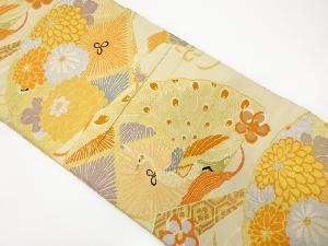 アンティーク　桧扇に孔雀・菊模様織り出し丸帯（材料）